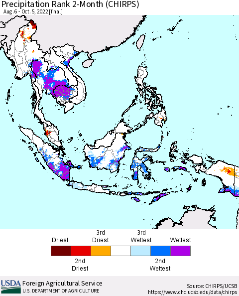 South East Asia Precipitation Rank since 1981, 2-Month (CHIRPS) Thematic Map For 8/6/2022 - 10/5/2022