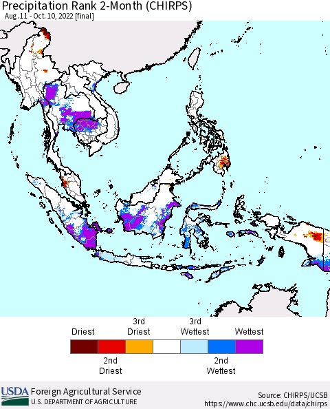South East Asia Precipitation Rank since 1981, 2-Month (CHIRPS) Thematic Map For 8/11/2022 - 10/10/2022