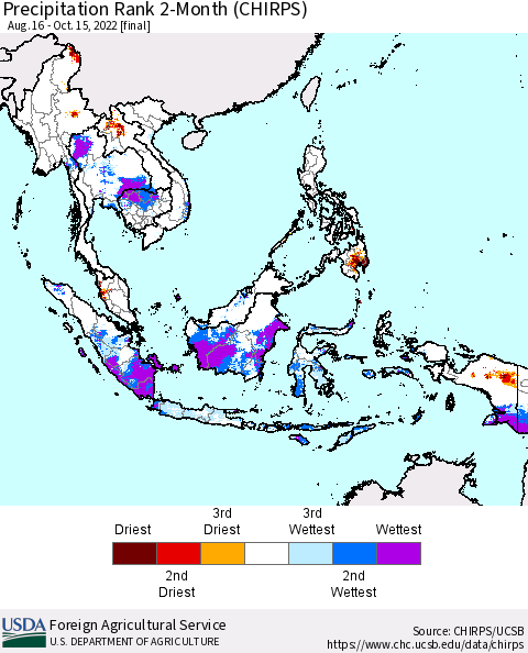 South East Asia Precipitation Rank since 1981, 2-Month (CHIRPS) Thematic Map For 8/16/2022 - 10/15/2022