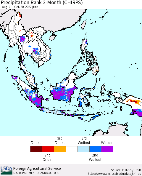 South East Asia Precipitation Rank since 1981, 2-Month (CHIRPS) Thematic Map For 8/21/2022 - 10/20/2022