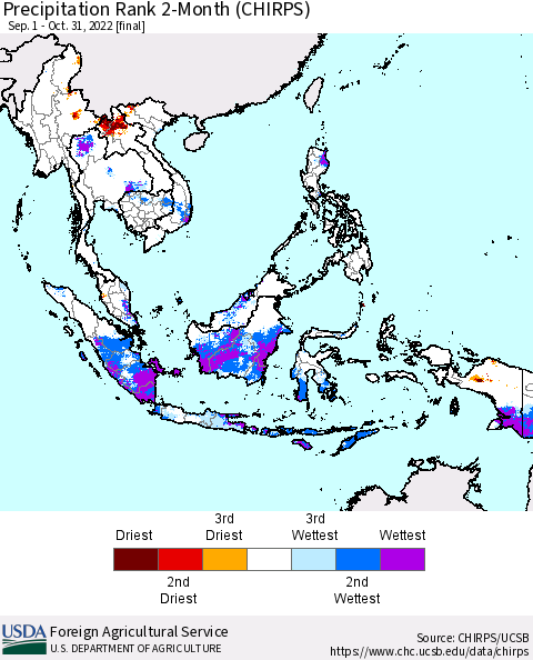 South East Asia Precipitation Rank since 1981, 2-Month (CHIRPS) Thematic Map For 9/1/2022 - 10/31/2022