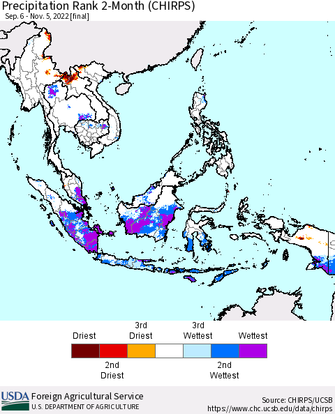 South East Asia Precipitation Rank since 1981, 2-Month (CHIRPS) Thematic Map For 9/6/2022 - 11/5/2022