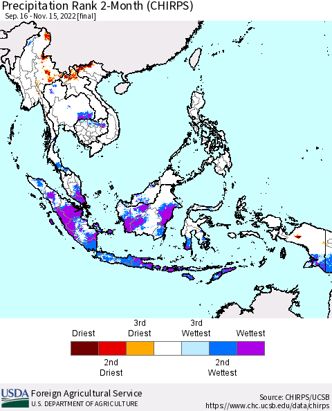 South East Asia Precipitation Rank since 1981, 2-Month (CHIRPS) Thematic Map For 9/16/2022 - 11/15/2022