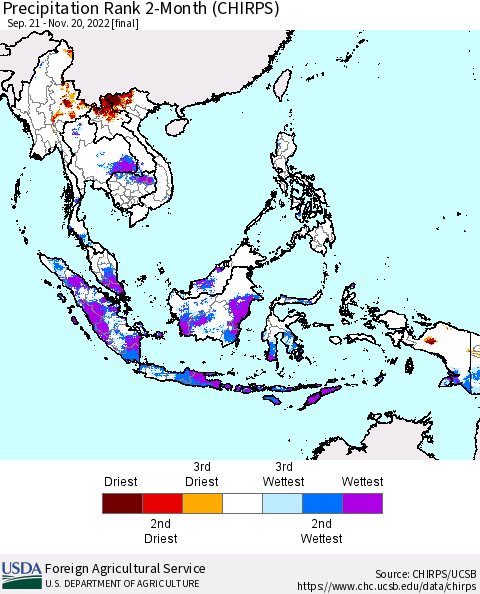 South East Asia Precipitation Rank since 1981, 2-Month (CHIRPS) Thematic Map For 9/21/2022 - 11/20/2022