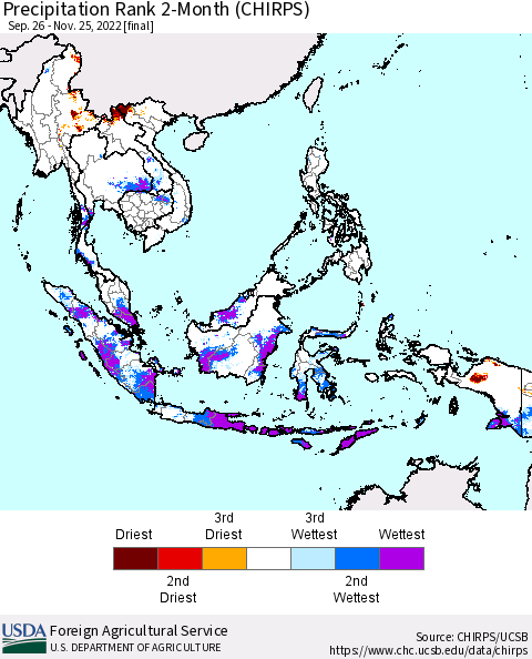 South East Asia Precipitation Rank since 1981, 2-Month (CHIRPS) Thematic Map For 9/26/2022 - 11/25/2022