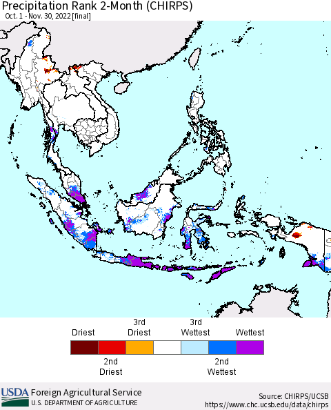 South East Asia Precipitation Rank since 1981, 2-Month (CHIRPS) Thematic Map For 10/1/2022 - 11/30/2022