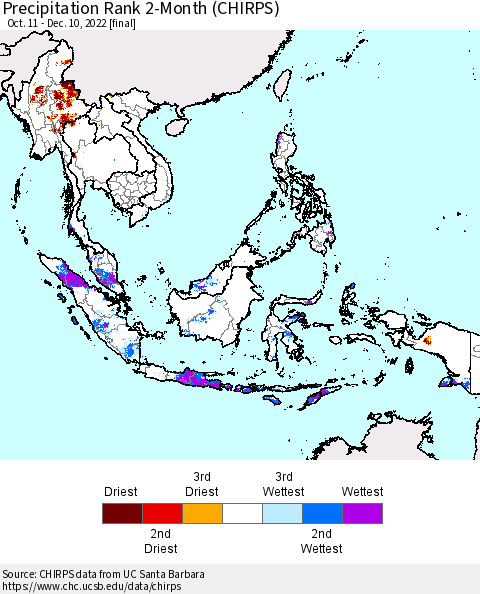 South East Asia Precipitation Rank since 1981, 2-Month (CHIRPS) Thematic Map For 10/11/2022 - 12/10/2022
