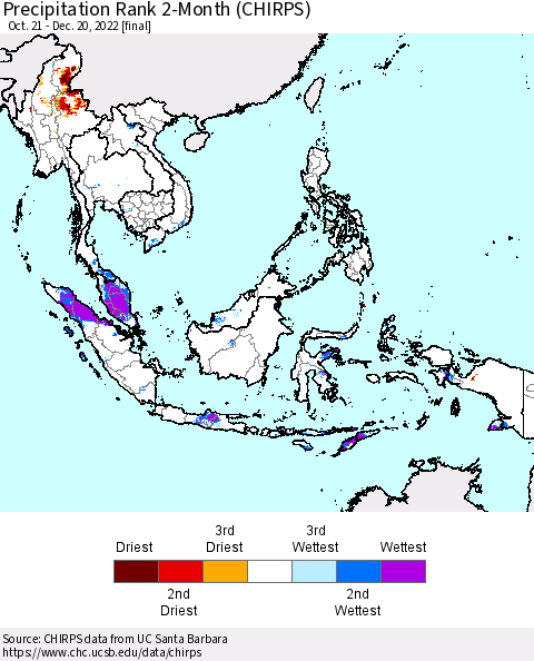South East Asia Precipitation Rank since 1981, 2-Month (CHIRPS) Thematic Map For 10/21/2022 - 12/20/2022