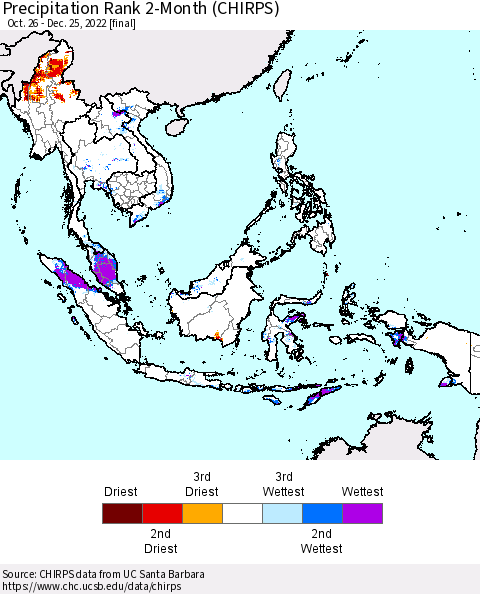 South East Asia Precipitation Rank since 1981, 2-Month (CHIRPS) Thematic Map For 10/26/2022 - 12/25/2022