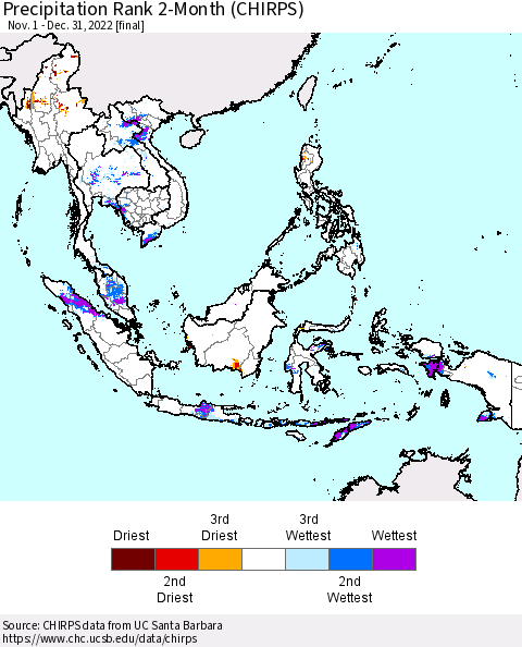 South East Asia Precipitation Rank since 1981, 2-Month (CHIRPS) Thematic Map For 11/1/2022 - 12/31/2022
