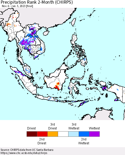 South East Asia Precipitation Rank since 1981, 2-Month (CHIRPS) Thematic Map For 11/6/2022 - 1/5/2023
