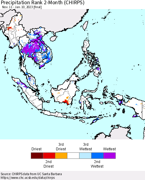 South East Asia Precipitation Rank since 1981, 2-Month (CHIRPS) Thematic Map For 11/11/2022 - 1/10/2023