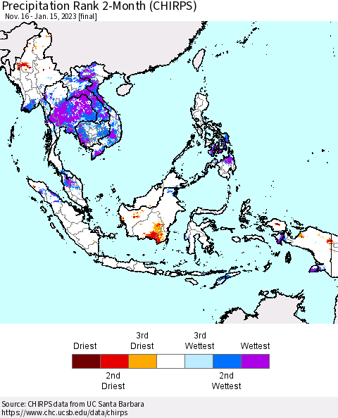 South East Asia Precipitation Rank since 1981, 2-Month (CHIRPS) Thematic Map For 11/16/2022 - 1/15/2023