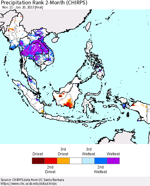 South East Asia Precipitation Rank since 1981, 2-Month (CHIRPS) Thematic Map For 11/21/2022 - 1/20/2023