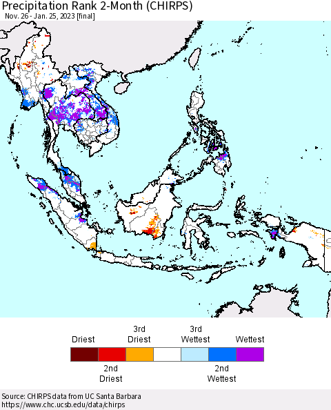 South East Asia Precipitation Rank since 1981, 2-Month (CHIRPS) Thematic Map For 11/26/2022 - 1/25/2023