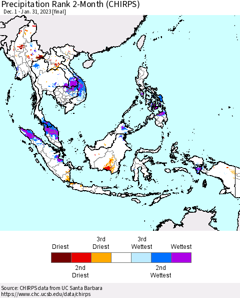 South East Asia Precipitation Rank since 1981, 2-Month (CHIRPS) Thematic Map For 12/1/2022 - 1/31/2023