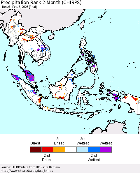 South East Asia Precipitation Rank since 1981, 2-Month (CHIRPS) Thematic Map For 12/6/2022 - 2/5/2023
