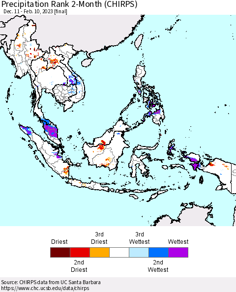 South East Asia Precipitation Rank since 1981, 2-Month (CHIRPS) Thematic Map For 12/11/2022 - 2/10/2023