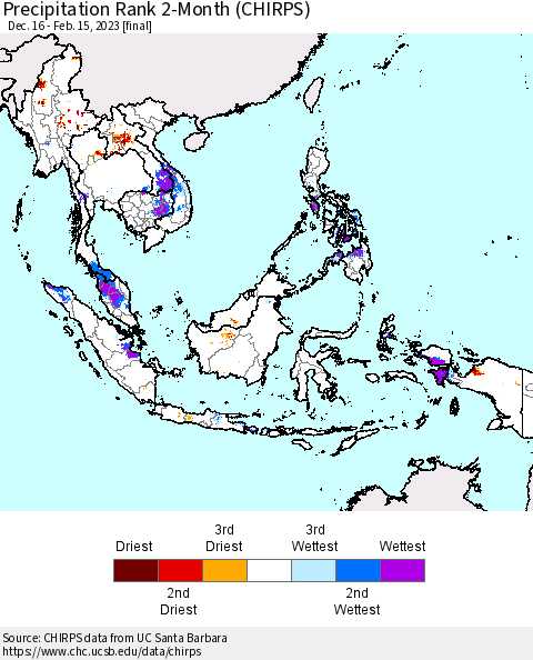 South East Asia Precipitation Rank since 1981, 2-Month (CHIRPS) Thematic Map For 12/16/2022 - 2/15/2023