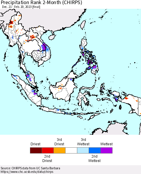 South East Asia Precipitation Rank since 1981, 2-Month (CHIRPS) Thematic Map For 12/21/2022 - 2/20/2023