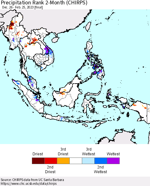 South East Asia Precipitation Rank since 1981, 2-Month (CHIRPS) Thematic Map For 12/26/2022 - 2/25/2023