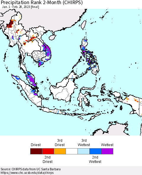South East Asia Precipitation Rank since 1981, 2-Month (CHIRPS) Thematic Map For 1/1/2023 - 2/28/2023