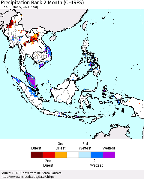 South East Asia Precipitation Rank since 1981, 2-Month (CHIRPS) Thematic Map For 1/6/2023 - 3/5/2023