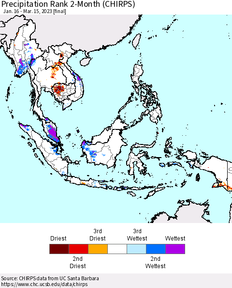 South East Asia Precipitation Rank since 1981, 2-Month (CHIRPS) Thematic Map For 1/16/2023 - 3/15/2023
