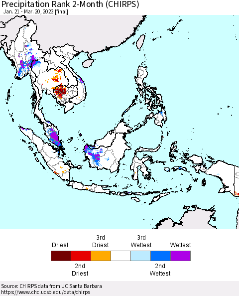 South East Asia Precipitation Rank since 1981, 2-Month (CHIRPS) Thematic Map For 1/21/2023 - 3/20/2023