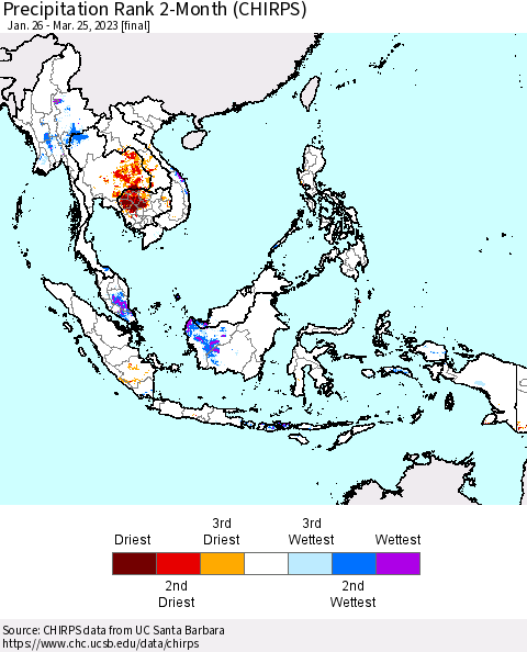 South East Asia Precipitation Rank since 1981, 2-Month (CHIRPS) Thematic Map For 1/26/2023 - 3/25/2023