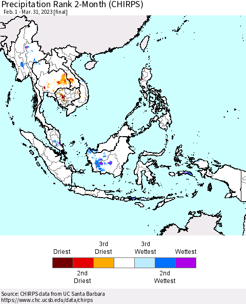 South East Asia Precipitation Rank since 1981, 2-Month (CHIRPS) Thematic Map For 2/1/2023 - 3/31/2023