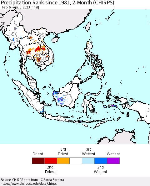 South East Asia Precipitation Rank since 1981, 2-Month (CHIRPS) Thematic Map For 2/6/2023 - 4/5/2023