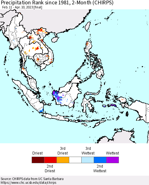 South East Asia Precipitation Rank since 1981, 2-Month (CHIRPS) Thematic Map For 2/11/2023 - 4/10/2023