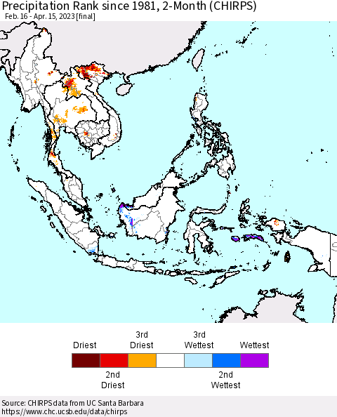 South East Asia Precipitation Rank since 1981, 2-Month (CHIRPS) Thematic Map For 2/16/2023 - 4/15/2023