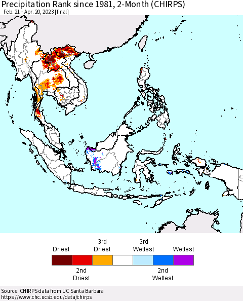 South East Asia Precipitation Rank since 1981, 2-Month (CHIRPS) Thematic Map For 2/21/2023 - 4/20/2023