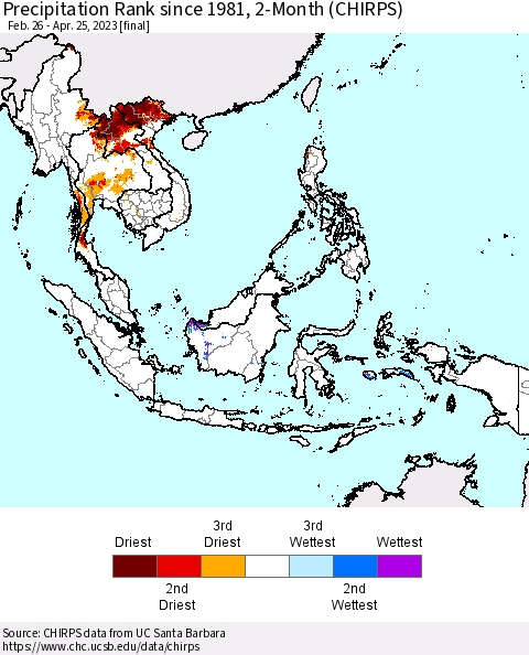 South East Asia Precipitation Rank since 1981, 2-Month (CHIRPS) Thematic Map For 2/26/2023 - 4/25/2023