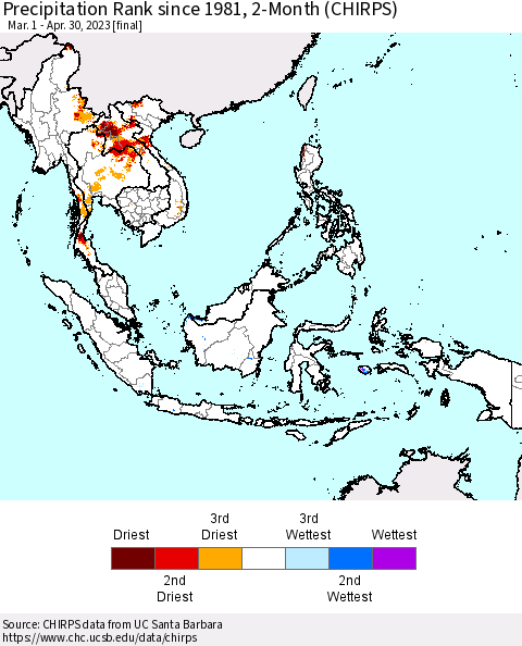 South East Asia Precipitation Rank since 1981, 2-Month (CHIRPS) Thematic Map For 3/1/2023 - 4/30/2023