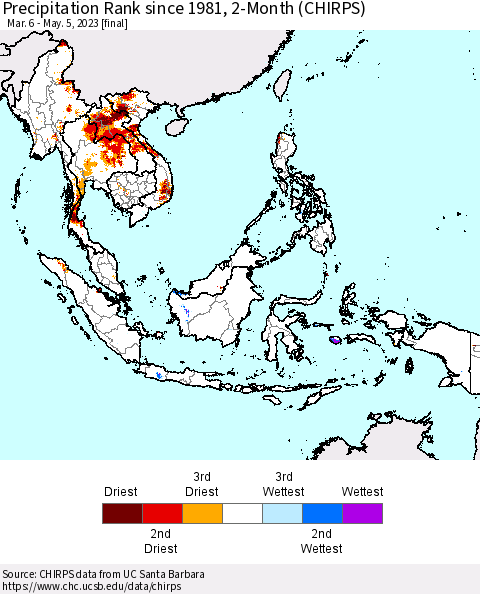 South East Asia Precipitation Rank since 1981, 2-Month (CHIRPS) Thematic Map For 3/6/2023 - 5/5/2023