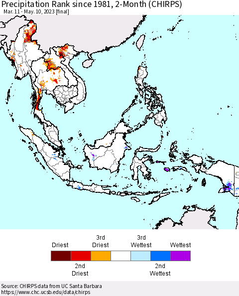 South East Asia Precipitation Rank since 1981, 2-Month (CHIRPS) Thematic Map For 3/11/2023 - 5/10/2023