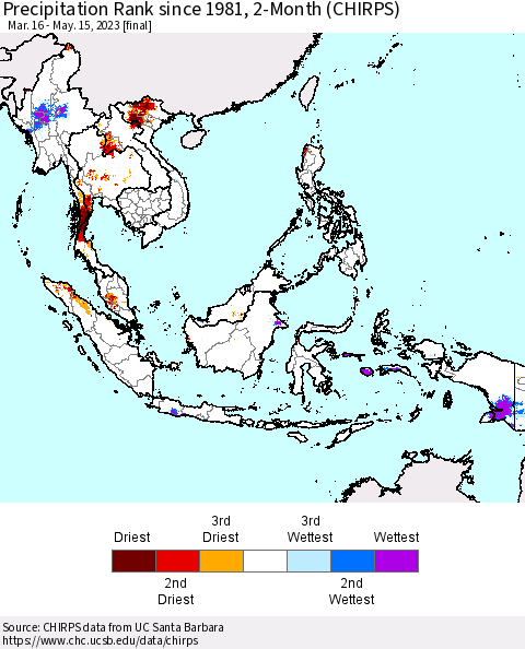 South East Asia Precipitation Rank since 1981, 2-Month (CHIRPS) Thematic Map For 3/16/2023 - 5/15/2023