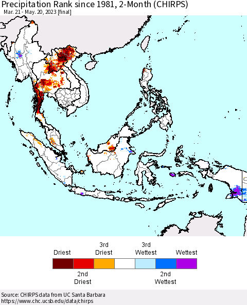 South East Asia Precipitation Rank since 1981, 2-Month (CHIRPS) Thematic Map For 3/21/2023 - 5/20/2023