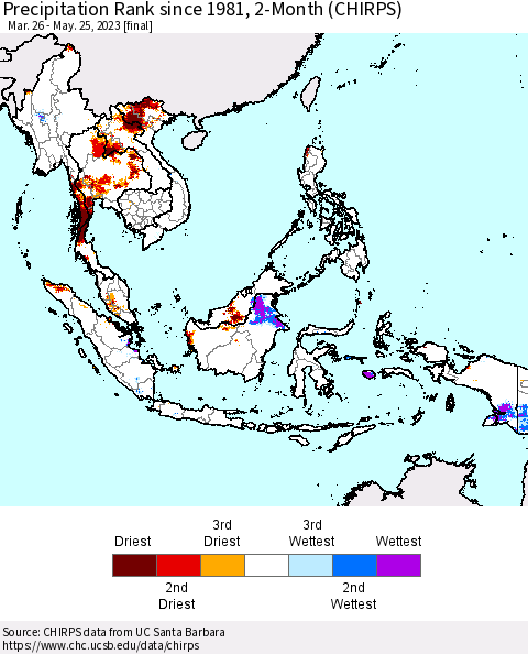 South East Asia Precipitation Rank since 1981, 2-Month (CHIRPS) Thematic Map For 3/26/2023 - 5/25/2023