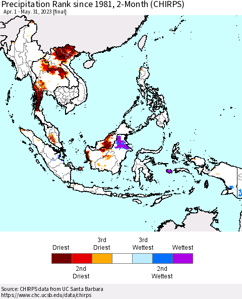 South East Asia Precipitation Rank since 1981, 2-Month (CHIRPS) Thematic Map For 4/1/2023 - 5/31/2023