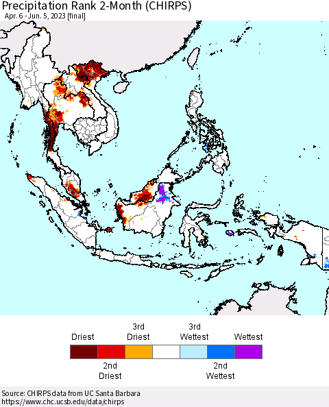 South East Asia Precipitation Rank since 1981, 2-Month (CHIRPS) Thematic Map For 4/6/2023 - 6/5/2023