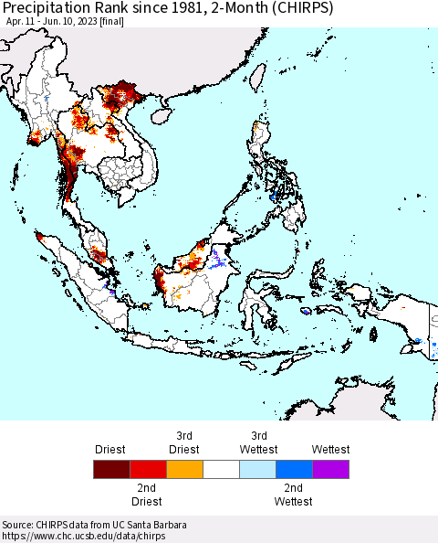 South East Asia Precipitation Rank since 1981, 2-Month (CHIRPS) Thematic Map For 4/11/2023 - 6/10/2023