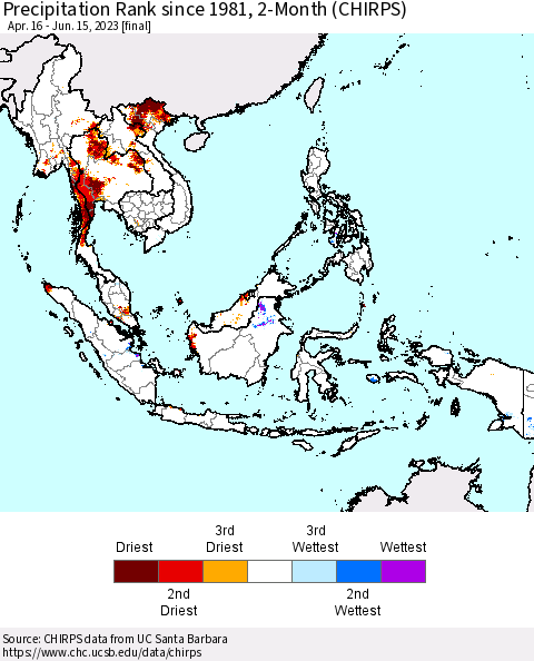 South East Asia Precipitation Rank since 1981, 2-Month (CHIRPS) Thematic Map For 4/16/2023 - 6/15/2023