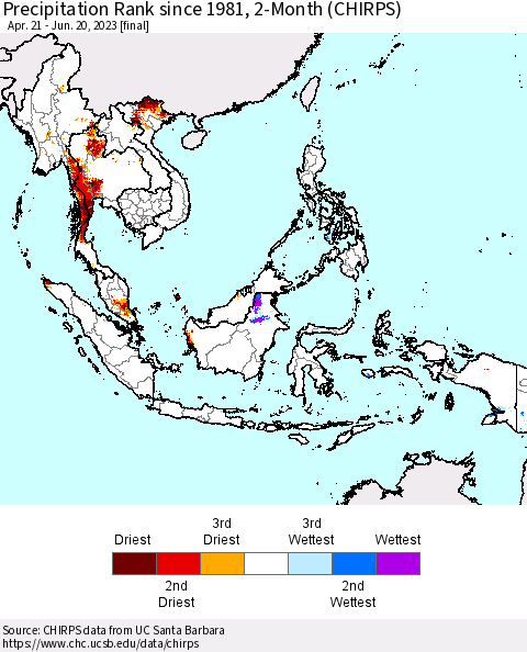 South East Asia Precipitation Rank since 1981, 2-Month (CHIRPS) Thematic Map For 4/21/2023 - 6/20/2023