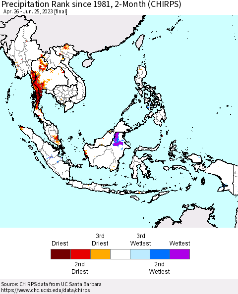 South East Asia Precipitation Rank since 1981, 2-Month (CHIRPS) Thematic Map For 4/26/2023 - 6/25/2023