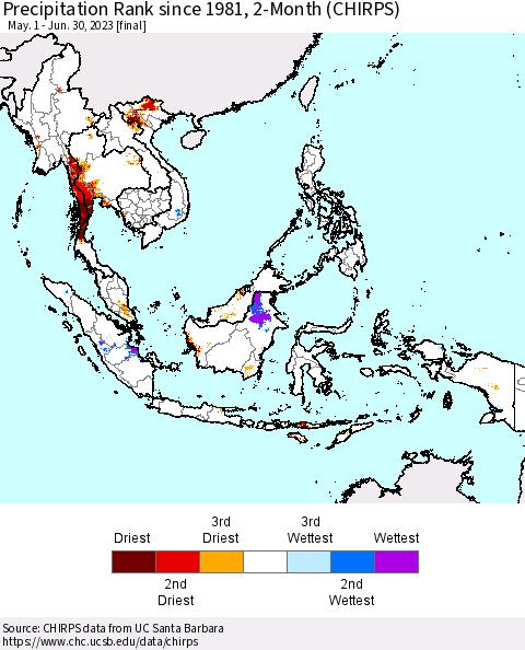 South East Asia Precipitation Rank since 1981, 2-Month (CHIRPS) Thematic Map For 5/1/2023 - 6/30/2023