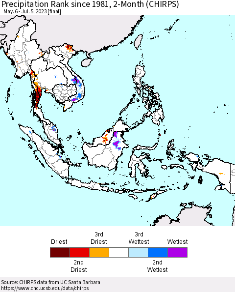 South East Asia Precipitation Rank since 1981, 2-Month (CHIRPS) Thematic Map For 5/6/2023 - 7/5/2023
